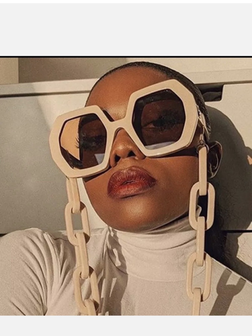 Summer Stylish Cream Oversized Geometric Sunglasses with Chain